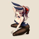  animal_ears bow bowtie breasts brown_hair bunny_ears bunny_tail bunnysuit cleavage detached_collar kneeling large_breasts long_hair original pantyhose ponytail red_eyes solo tail wrist_cuffs yuuki_(silent_moon) 