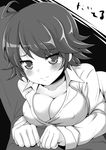  absurdres awakened_miki blush breasts cleavage greyscale highres hoshii_miki idolmaster idolmaster_(classic) large_breasts monochrome solar_kaichuudentou solo tears 