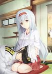  1girl admiral_(kantai_collection) barefoot blush breasts brown_eyes coffee1223 hair_ribbon hairband highres japanese_clothes kantai_collection lap_pillow long_hair lying medium_breasts ribbon scroll shoukaku_(kantai_collection) silver_hair sitting skirt smile 