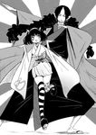  1girl akira_(valzerica) bad_id bad_pixiv_id black_hair greyscale highres hoozuki_(hoozuki_no_reitetsu) hoozuki_no_reitetsu horn horns japanese_clothes long_sleeves monochrome oni peach_maki pointy_ears pose sweatdrop 