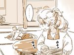  2girls apron bow comic dishes flower fujiwara_no_mokou hair_bow hair_ribbon hanging_scroll kamishirasawa_keine kappougi long_hair mitsumoto_jouji monochrome multiple_girls ponytail ribbon scroll silent_comic sleeping suspenders table tatami tokonoma touhou tress_ribbon very_long_hair 