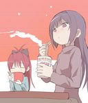  =_= akemi_homura black_hair chopsticks cup_ramen eating food hairband highres kamaboko kotatsu long_hair mahou_shoujo_madoka_magica multiple_girls narutomaki noodles ponytail purple_eyes ramen red_hair sakura_kyouko samidare table upper_body 