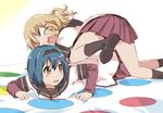  black_legwear blue_hair braid brown_hair dress furutani_himawari hair_ornament hairband hairclip kamiki_uutarou kneehighs long_hair lying md5_mismatch multiple_girls nanamori_school_uniform no_pupils no_shoes on_stomach oomuro_sakurako open_mouth playing_games pleated_skirt sailor_dress school_uniform serafuku short_braid short_hair skirt sweatdrop twin_braids twister yuru_yuri 