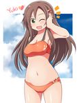  bad_id bad_pixiv_id bikini brown_hair celebi_ryousangata fang green_eyes hair_ornament hairclip himekawa_yuki idolmaster idolmaster_cinderella_girls long_hair navel one_eye_closed smile solo sports_bikini sportswear standing swimsuit 