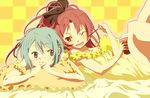  blue_eyes blue_hair fingers_together food frills hair_ornament hair_ribbon hairclip long_hair mahou_shoujo_madoka_magica mesushirindaa miki_sayaka multiple_girls one_eye_closed open_mouth pillow pocky red_eyes red_hair ribbon sakura_kyouko short_hair 