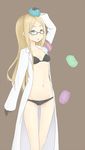  armband bad_id bad_pixiv_id black_bra black_panties blonde_hair blue_eyes bra brown_background glasses gloves half_gloves kurukuru_(sekai_seifuku) labcoat long_hair lowleg lowleg_panties natasha_(sekai_seifuku) navel on_head panties sekai_seifuku:_bouryaku_no_zvezda sevenscolors simple_background solo underwear 