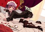  absurdres bad_id bad_pixiv_id bed_sheet black_gloves black_legwear braid curtains fingerless_gloves gloves hair_ribbon high_heels highres izayoi_sakuya knife koumajou_densetsu koumajou_densetsu_2 maid_headdress on_bed petals pillow pinstripe_pattern pocket_watch red_eyes ribbon shoes short_hair silver_hair single_shoe skirt solo striped suisai thighhighs touhou twin_braids watch zettai_ryouiki 