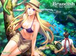  1girl alternate_costume arm_support artist_request bikini black_hair blonde_hair blue_eyes brandish breasts casual cleavage collarbone company_name copyright_name dela_delon fish forest hat highres lily_pad lipstick long_hair looking_at_viewer makeup medium_breasts nail_polish nature official_art open_fly pink_lipstick short_hair shorts sitting smile snake sorceress swimsuit unbuttoned unzipped water 