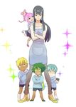  3boys apron blue_hair gamagoori_ira green_hair inumuta_houka jakuzure_nonon kill_la_kill kindergarten kindergarten_teacher kindergarten_uniform kiryuuin_satsuki kuretatu long_hair mask multiple_boys multiple_girls pink_hair sanageyama_uzu short_hair time_paradox younger 