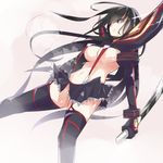  black_hair blue_eyes breasts frown katana kill_la_kill kiryuuin_satsuki large_breasts long_hair midriff miya_ur navel senketsu skirt spoilers suspenders sword thighhighs underboob weapon 