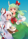  bad_id bad_pixiv_id blue_background bow bowl dress ex-keine food fried_egg fujiwara_no_mokou green_hair hair_bow highres horn_bow horns kamishirasawa_keine long_hair long_sleeves looking_at_viewer multiple_girls open_mouth red_eyes shukinuko silver_hair simple_background smile soup tail touhou tray very_long_hair 