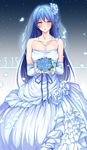  bad_id bad_pixiv_id bare_shoulders blue_hair blush bouquet breasts bridal_veil dress flower hair_flower hair_ornament highres jewelry long_hair love_live! love_live!_school_idol_project minamon_(vittel221) necklace parted_lips petals small_breasts solo sonoda_umi veil very_long_hair wedding_dress yellow_eyes 
