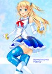  blonde_hair blue_eyes blue_legwear blush elbow_gloves gloves hair_bobbles hair_ornament long_hair ok-ray open_mouth original sailor_collar skirt solo thighhighs two_side_up 