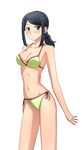  bikini black_eyes black_hair blush breasts cleavage green_bikini gundam gundam_build_fighters highres kenken medium_breasts misaki_(gundam_bf) navel short_hair side-tie_bikini simple_background smile solo swimsuit white_background 