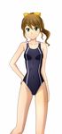  blush bow breasts brown_hair competition_swimsuit covered_navel green_eyes gundam gundam_build_fighters hair_bow hand_on_hip highres kenken one-piece_swimsuit ootake_akemi ponytail simple_background small_breasts smile solo swimsuit white_background 