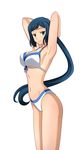  arms_behind_head bikini blue_hair blush breasts cleavage front-tie_bikini front-tie_top green_eyes gundam gundam_build_fighters highres iori_rinko kenken large_breasts long_hair navel ponytail simple_background solo swimsuit white_background white_bikini 