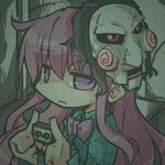  bow cassette_tape expressionless face_mask hata_no_kokoro jigsaw_(character) kureha_mitsushige long_hair long_sleeves mask pink_eyes pink_hair saw_(movie) shirt solo static touhou upper_body very_long_hair wide_sleeves 