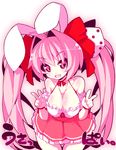  animal_ears blush breasts bunny_ears cleavage di_gi_charat dice dice_hair_ornament double_v fang hair_ornament highres large_breasts leaning_forward long_hair pink_eyes pink_hair ribbon rikumaru smile solo twintails usada_hikaru v 