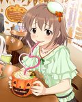  artist_request blouse blush brown_eyes brown_hair crazy_straw drink drinking_straw halloween hat heart heart_straw idolmaster idolmaster_cinderella_girls jack-o'-lantern jewelry kita_hinako menu necklace official_art sitting smile solo table 