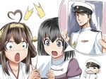  1boy 2girls admiral_(kantai_collection) ahoge brown_hair facial_hair haguro_(kantai_collection) heart_ahoge ishii_hisao kantai_collection kongou_(kantai_collection) long_hair military military_uniform multiple_girls mustache naval_uniform open_mouth photo_(object) short_hair uniform 