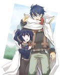  1girl aino_yumeri akatsuki_(log_horizon) blue_hair blush book cape cup gauntlets glasses log_horizon long_hair ponytail purple_hair shiroe short_hair smile 