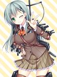  asazuki_kanai breasts green_eyes green_hair hair_ornament hairclip highres kantai_collection large_breasts long_hair looking_at_viewer one_eye_closed school_uniform skirt smile solo striped striped_background suzuya_(kantai_collection) thighhighs zettai_ryouiki 