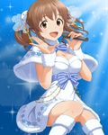  artist_request blue_background boots bow breasts brown_eyes brown_hair capelet cleavage dress fur fur_collar fur_trim hair_ornament heart idol idolmaster idolmaster_cinderella_girls jpeg_artifacts knee_boots looking_at_viewer medium_breasts microphone official_art ribbon smile snowflakes solo sparkle striped striped_ribbon totoki_airi twintails white_dress winter_clothes wristband 
