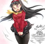  1boy 1girl amagi_yukiko black_hair blush breasts glasses hairband hanamura_yousuke kitayama_miuki long_hair megami_tensei open_mouth pantyhose persona persona_4 red_eyes school_uniform shin_megami_tensei shocked skirt skirt_tug surprised wind_lift 