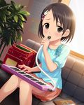  artist_request backpack backpack_removed bag black_eyes black_hair blush bunny_hair_ornament couch dutch_angle eighth_note hair_ornament hairclip idolmaster idolmaster_cinderella_girls instrument keyboard_(instrument) melodica music musical_note official_art playing_instrument randoseru sasaki_chie short_hair solo 
