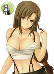  1girl bow breasts brown_eyes brown_hair cleavage collarbone enix female final_fantasy final_fantasy_vii hair_bow hair_ornament hips large_breasts long_hair m1k3.torr3s.usa midriff navel playing_with_hair shirt smile solo square_enix strap_slip suspenders tifa_lockhart white_shirt 