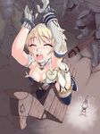  1girl allura armor artist_request bdsm blonde_hair bondage bound breasts chains character_request cleavage cuffs drooling eyes_closed handcuffs kagero_deception knight open_mouth prisoner source_request torn_clothes torture weapon wooden_horse 