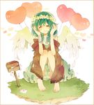  ^_^ bad_id bad_pixiv_id balloon bandages barefoot blush closed_eyes dress flower green_hair head_wreath heart heart_balloon highres letter lingmuzi long_hair love_letter mailbox_(incoming_mail) original sitting smile solo wings 