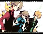  2boys :3 :d alternate_costume aruya_(flosrota) ascot bad_id bad_pixiv_id blue_(pokemon) bow bowtie brown_eyes brown_hair cosplay dress dress_shirt eevee eyes_visible_through_hair facial_hair fake_facial_hair fake_mustache flower_(symbol) frilled_dress frills frown gen_1_pokemon glasses hair_between_eyes hair_bow happy hat jacket jewelry katsura_(pokemon) katsura_(pokemon)_(cosplay) leather leather_jacket letterboxed long_hair multiple_boys mustache neck_ribbon necklace necktie ookido_green open_clothes open_jacket open_mouth orange_eyes orange_hair outstretched_arms pikachu pokemon pokemon_(creature) pokemon_(game) pokemon_frlg popped_collar porkpie_hat puffy_sleeves red_(pokemon) red_(pokemon_frlg) ribbon round_eyewear shirt short_hair sidelocks sleeves_folded_up smile spiked_hair sunglasses twintails vest 