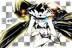  akaza bikini_top black_rock_shooter black_rock_shooter_(character) black_rock_shooter_(character)_(cosplay) blue_eyes breasts burning_eye cape checkered checkered_background cosplay gloves glowing glowing_eye heterochromia kantai_collection large_breasts long_hair pale_skin shinkaisei-kan shorts silver_hair solo star weapon wo-class_aircraft_carrier yellow_eyes 