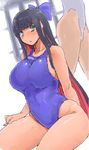  asics black_hair bow breasts competition_swimsuit green_eyes hair_bow large_breasts long_hair looking_at_viewer minakami_(flyingman555) multiple_girls nail_polish one-piece_swimsuit panty_&amp;_stocking_with_garterbelt pink_hair stocking_(psg) swimsuit thighs very_long_hair 