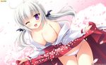 ;d breasts cherry_blossoms dress dress_lift highres ikegami_akane imouto_no_okage_de_mote_sugite_yabai japanese_clothes large_breasts low_twintails miko nipples one_eye_closed open_mouth panties purple_eyes shiratori_kanae silver_hair smile twintails underwear wallpaper white_panties 