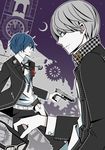  bell blue_eyes blue_hair bolo_tie clock clock_tower clockwork crescent_moon evoker glasses grey_hair headphones highres holding holding_eyewear holster long_sleeves looking_at_viewer looking_away male_focus moon multiple_boys narukami_yuu persona persona_3 persona_4 persona_q:_shadow_of_the_labyrinth persona_q_(series) school_uniform short_hair smile tower weapon yuuki_makoto 