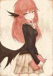  alternate_costume book bookmark casual contemporary finger_to_mouth fingernails head_wings koakuma kyuumoto_kuku long_hair looking_back low_wings miniskirt pleated_skirt red_eyes red_hair sharp_fingernails shushing skirt solo sweater touhou wings 