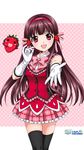  :d black_legwear food fruit gloves haruzaki_nonoka itsuki_sayaka long_hair marronni_yell microphone official_art open_mouth pleated_skirt red_eyes skirt smile strawberry thighhighs wallpaper 