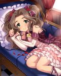  artist_request bare_shoulders blush bow brown_hair couch cushion detached_sleeves dress eyebrows feet_out_of_frame fetal_position flower frilled_dress frilled_skirt frills green_eyes hair_bow idolmaster idolmaster_cinderella_girls jpeg_artifacts kusakabe_wakaba legs_folded light_smile long_hair looking_at_viewer lying official_art on_side petals skirt solo twintails wavy_hair 