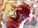  846kazuya blonde_hair gintama japanese_clothes katana male_focus mouth_hold okita_sougo ponytail red_eyes solo sword weapon 