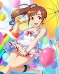  :d artist_request balloon blush boots bow brown_hair hair_ornament idolmaster idolmaster_cinderella_girls igarashi_kyouko looking_at_viewer multicolored multicolored_stripes official_art open_mouth orange_eyes rainbow ribbon side_ponytail smile solo striped umbrella 