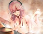  areolae ass barefoot bath breasts headphones huge_breasts long_hair nitroplus nude open_mouth origin_(fefnir_nightload) pink_hair red_eyes solo steam super_sonico 