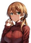  1girl alternate_costume anchor_hair_ornament aqua_eyes blonde_hair breasts hair_ornament kantai_collection large_breasts lolicept looking_at_viewer low_twintails open_mouth prinz_eugen_(kantai_collection) red_sweater ribbed_sweater simple_background solo sweater twintails upper_body white_background 