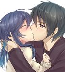  1girl black_hair blue_hair brown_eyes closed_eyes couple hetero hiradaira_chisaki kihara_tsumugu kiss long_hair nagi_no_asukara short_hair umeko_(koori_ume) 