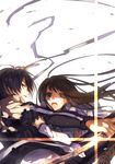  1girl blue_eyes brown_hair iki_hiyori katana kazutake_hazano long_hair noragami orange_eyes purple_hair school_uniform short_hair sword weapon yato_(noragami) 