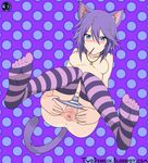  1girl animal_ears anus ass bare_shoulders blue_eyes blush breasts candy cat_ears cat_girl cat_tail collarbone feet female full_body hair_between_eyes highres legs lollipop looking_at_viewer navel nipples panties panty_pull polka_dot polka_dot_background pov_feet presenting purple_hair pussy rosario+vampire shirayuki_mizore soles solo spread_pussy striped striped_legwear striped_panties tail text thighhighs toes twoderrick uncensored underwear watermark web_address 