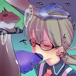  1girl bad_id bad_pixiv_id blush censored closed_eyes cravat fellatio glasses hair_ribbon hand_on_another's_head hetero large_penis long_hair nagisa_(reizoku_ichiba) oral penis pointless_censoring ponytail reizoku_ichiba ribbon silver_hair solo_focus terui_hijiri thought_bubble 