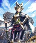  anbe_yoshirou armor black_legwear breastplate cape cloud day dutch_angle green_eyes green_hair hand_on_hilt hand_on_hip helmet highres katana pantyhose sengoku_saga short_hair sky soldier solo_focus sword vambraces weapon 