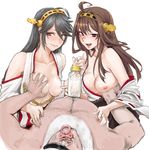  2girls adult_baby bad_id bad_pixiv_id black_hair bottle breast_grab breasts breasts_outside brown_hair femdom grabbing hairband haruna_(kantai_collection) heart heart-shaped_pupils hetero highres kantai_collection kongou_(kantai_collection) lips medium_breasts multiple_girls nipples off_shoulder pacifier shoukaki_(earthean) sweat symbol-shaped_pupils 